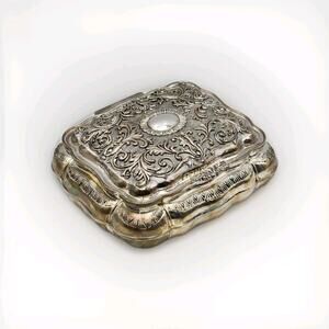 Victorian Silver Plated Elaborate Scroll Work Red Velvet Lined Jewelry Box Vtg